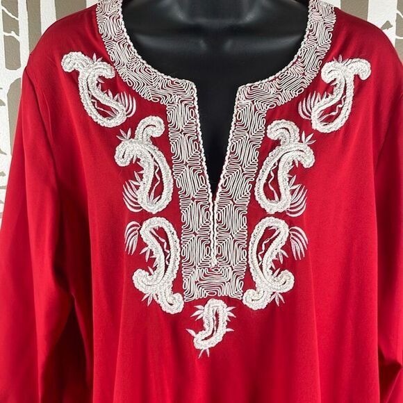 Chico’s Boho Red Embroidered Peplum Waist Top - Picture 4 of 9